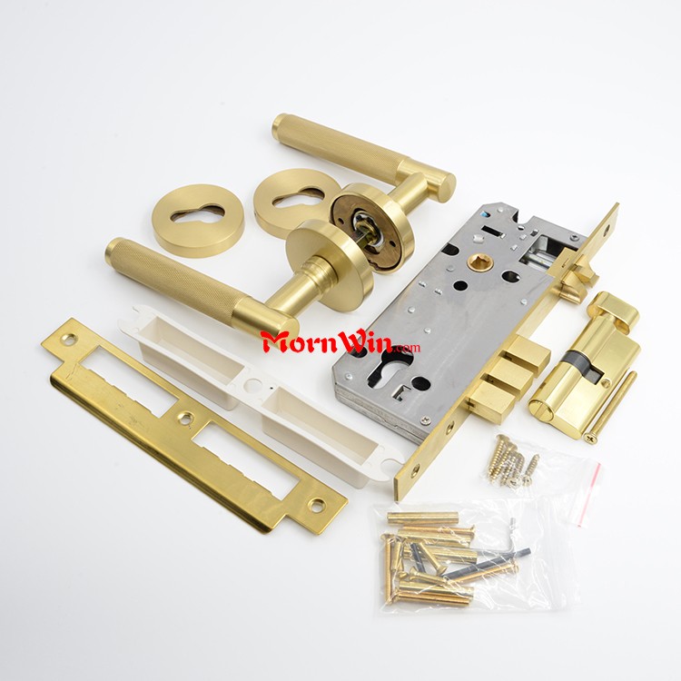 Brass Gold Door Lever Handle Mortise Lock Set For Bathroom