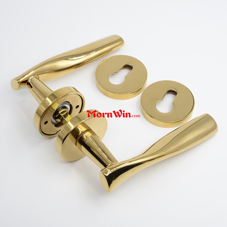 Polished Brass Office Hotel Brass Door Lever Handle with Round Cylinder Rose