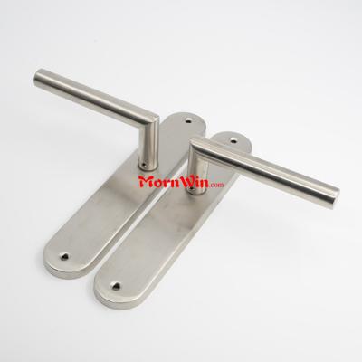 Stainless steel tube lever handle on plate for commercial passage door