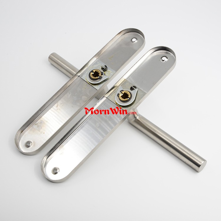 Stainless steel tube lever handle on plate for commercial passage door